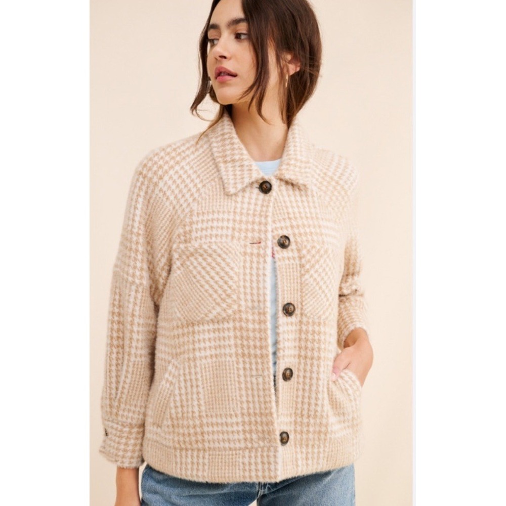 Anthropologie Houndstooth Shirt Jacket Shacket Latte Plaid‎ Greylin Size 1XL